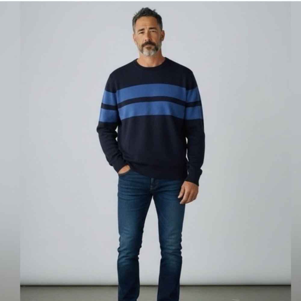 Banana Republic‎ Mens Silk Cashmere Cotton Striped Crewneck Sweater Navy Blue L